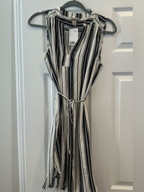 H&M Black and White Striped Sleeveless Belted Dress